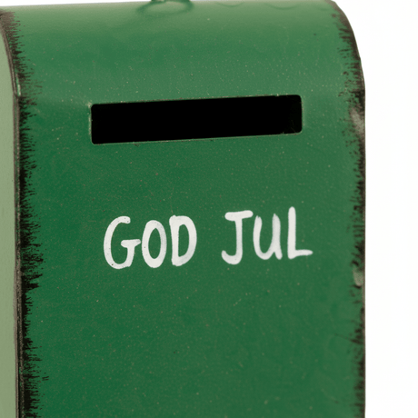 Liten grønn trepynt med God Jul tekst til juletreet