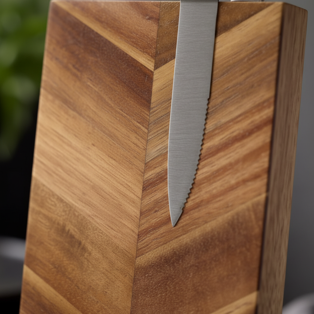 dobbeltsidig knivholder i tre med synlige kjøkkenkniver