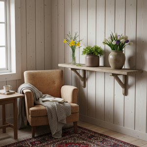 Pure keramikkpotte diameter 16 cm i vinduskarm med grønn plante i norsk hytteinteriør.

