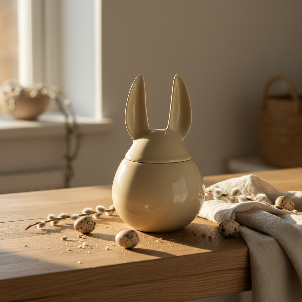 DBKD spisende hare liten keramikkkrukke med lokk i blank gul finish 14 cm høy.

