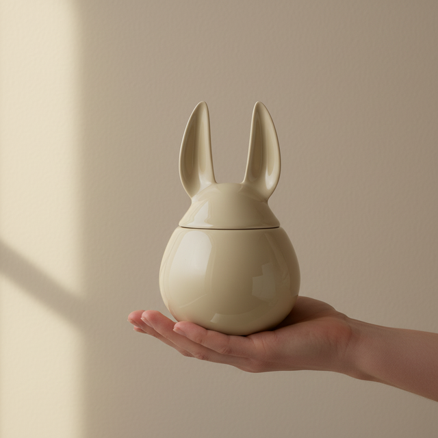 DBKD spisende hare keramikkkrukke blank gul 14 cm høy egnet til oppbevaring og påskepynt.

