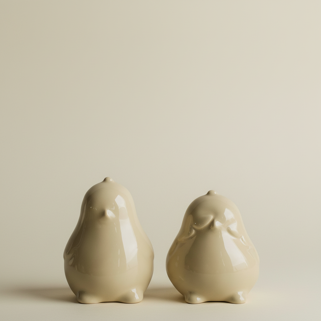 Gule keramikkhøner plassert i skandinavisk interiør sammen med grønne planter og naturlige materialer.

