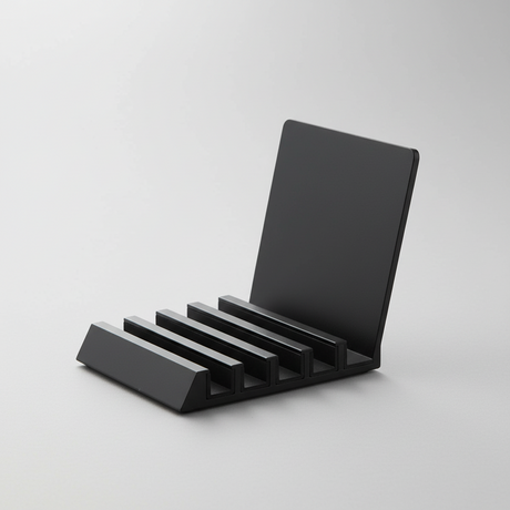 Svart holder til telefoner og tablets for resepsjon eller arbeidsplass