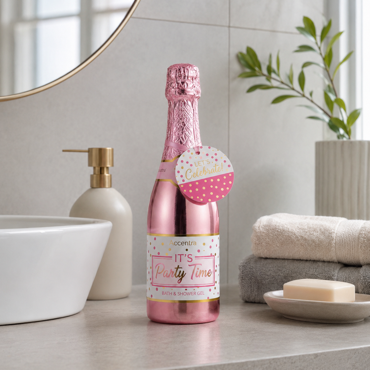 Rosa bade- og dusjsåpe i champagneflaske på baderomsbenk i lyst, nordisk baderom.