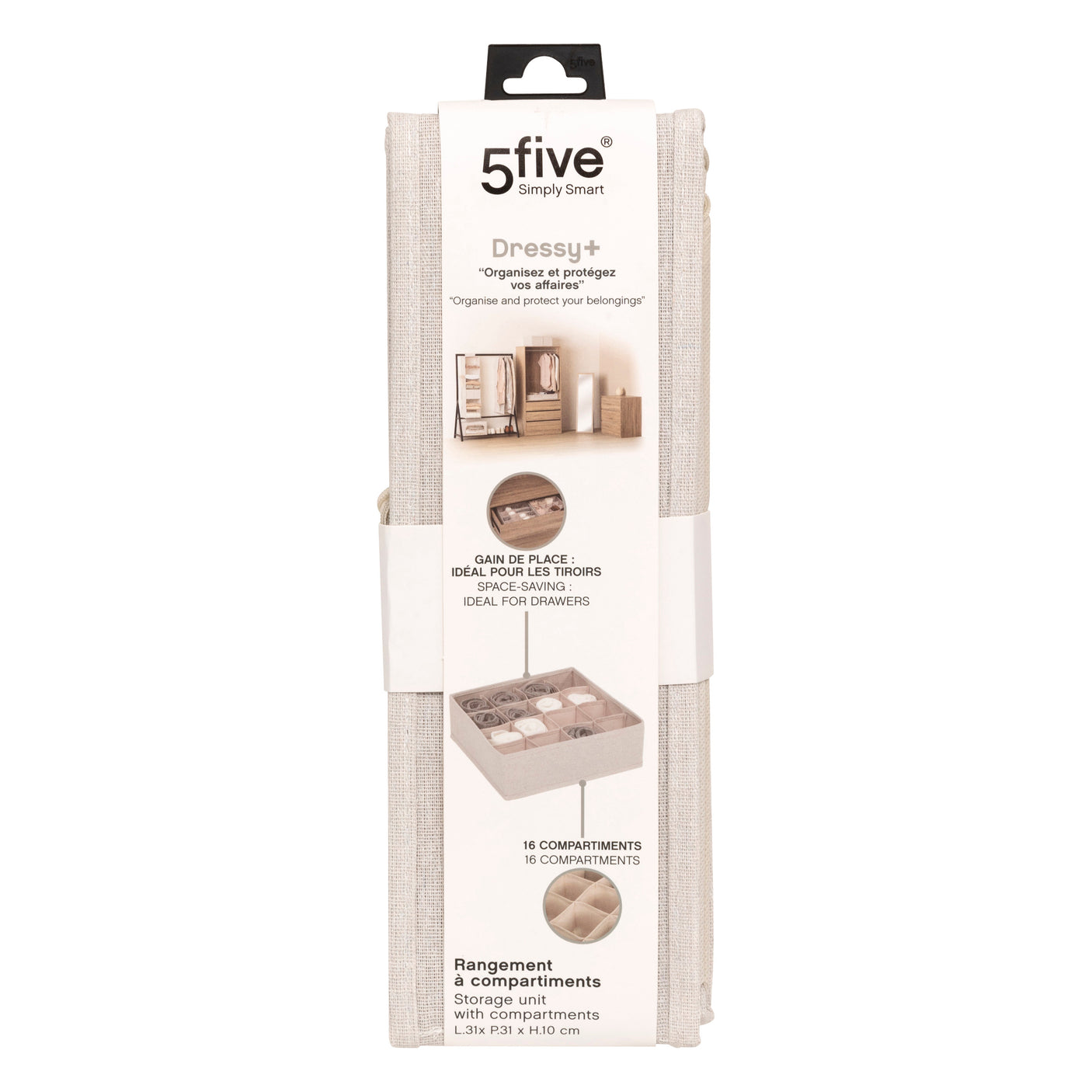 Produktemballasje for beige skuffeorganiser med 16 rom.