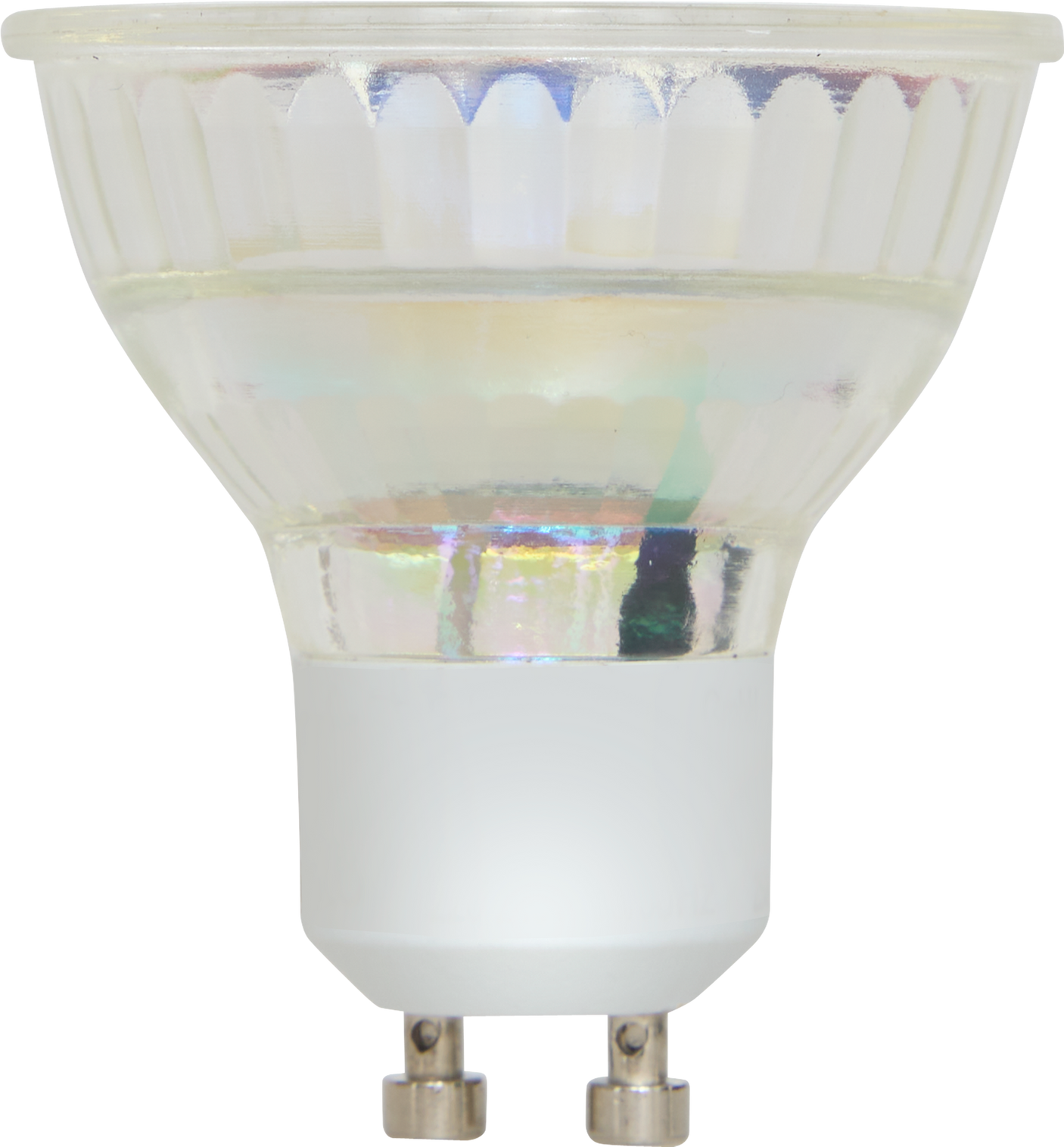 GU10 LED pære 4,5 W med glassreflektor og sokkel, vist fra siden på hvit bakgrunn