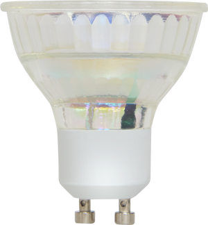 GU10 LED pære 4,5 W med glassreflektor og sokkel, vist fra siden på hvit bakgrunn