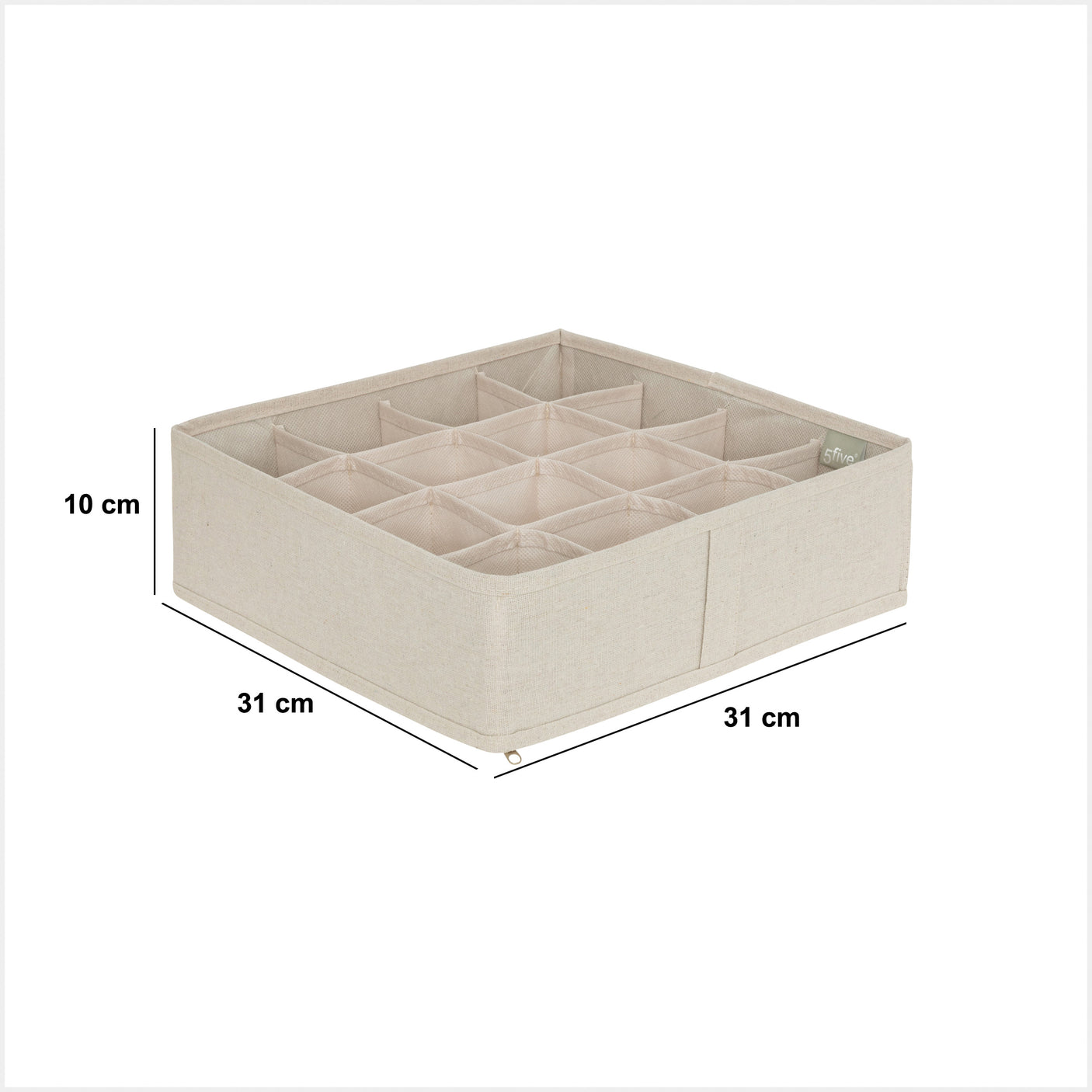 Beige skuffeorganiser med 16 rom, vist i perspektiv på hvit bakgrunn.