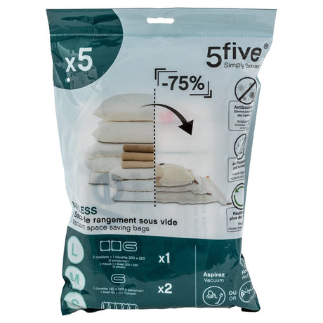 5-pack vakuumpåsar från 5Five Simply Smart, visas med komprimerade textilier för platsbesparande förvaring