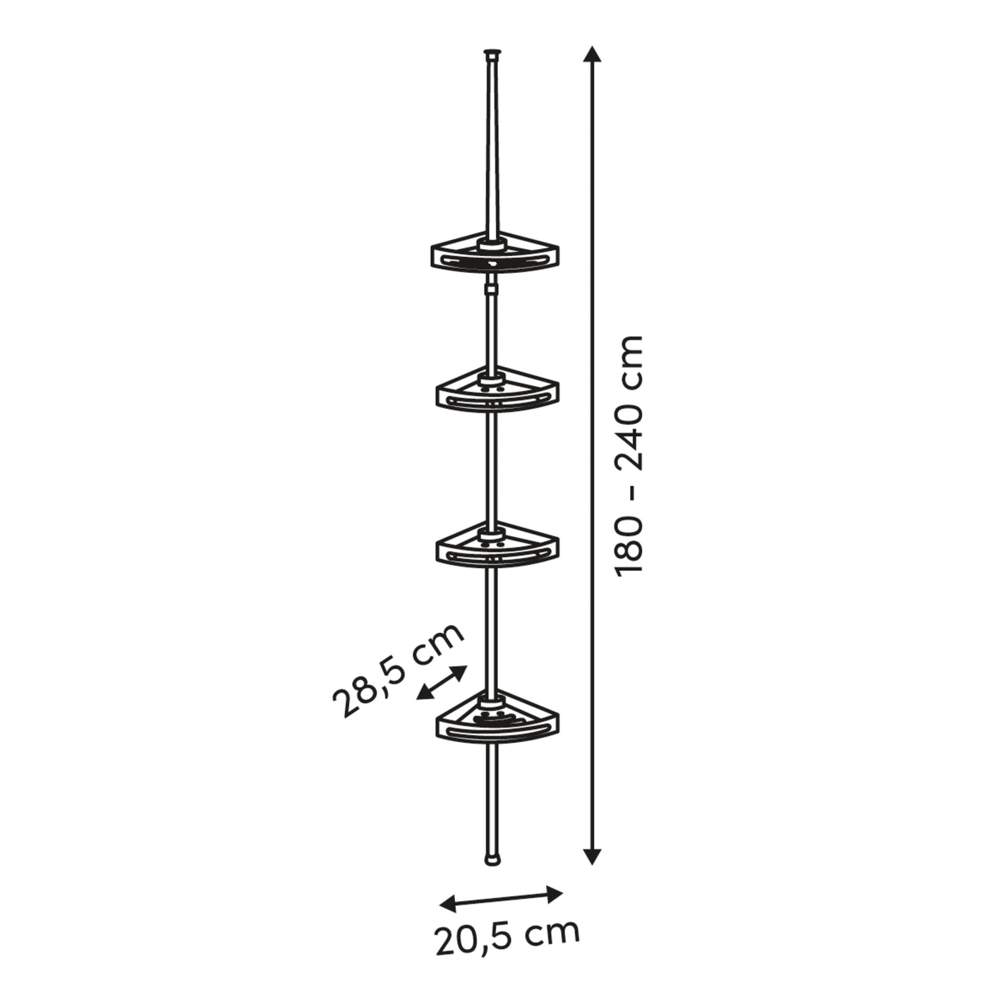 Måltegning av svart dusjhylle med høyde 180–240 cm, hyllebredde 28,5 cm og fotbredde 20,5 cm.