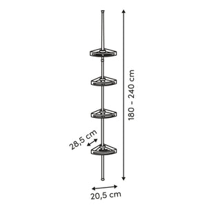 Måltegning av svart dusjhylle med høyde 180–240 cm, hyllebredde 28,5 cm og fotbredde 20,5 cm.