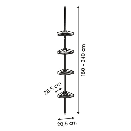 Måltegning av svart dusjhylle med høyde 180–240 cm, hyllebredde 28,5 cm og fotbredde 20,5 cm.