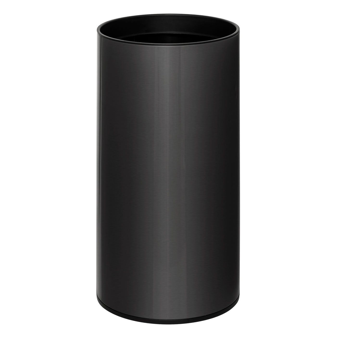 Sort sensorbøtte på 40 liter, vist fra siden, med sylinderformet design i rustfrit stål.
