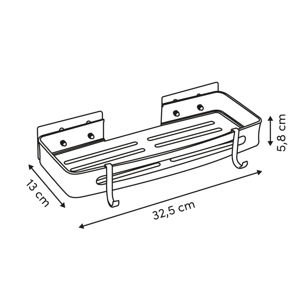 Måleteckning av svart duschhylla med längd 32,5 cm, djup 13 cm och höjd 5,8 cm för montering med klisterpud.