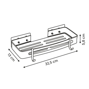 Måleteckning av svart duschhylla med längd 32,5 cm, djup 13 cm och höjd 5,8 cm för montering med klisterpud.