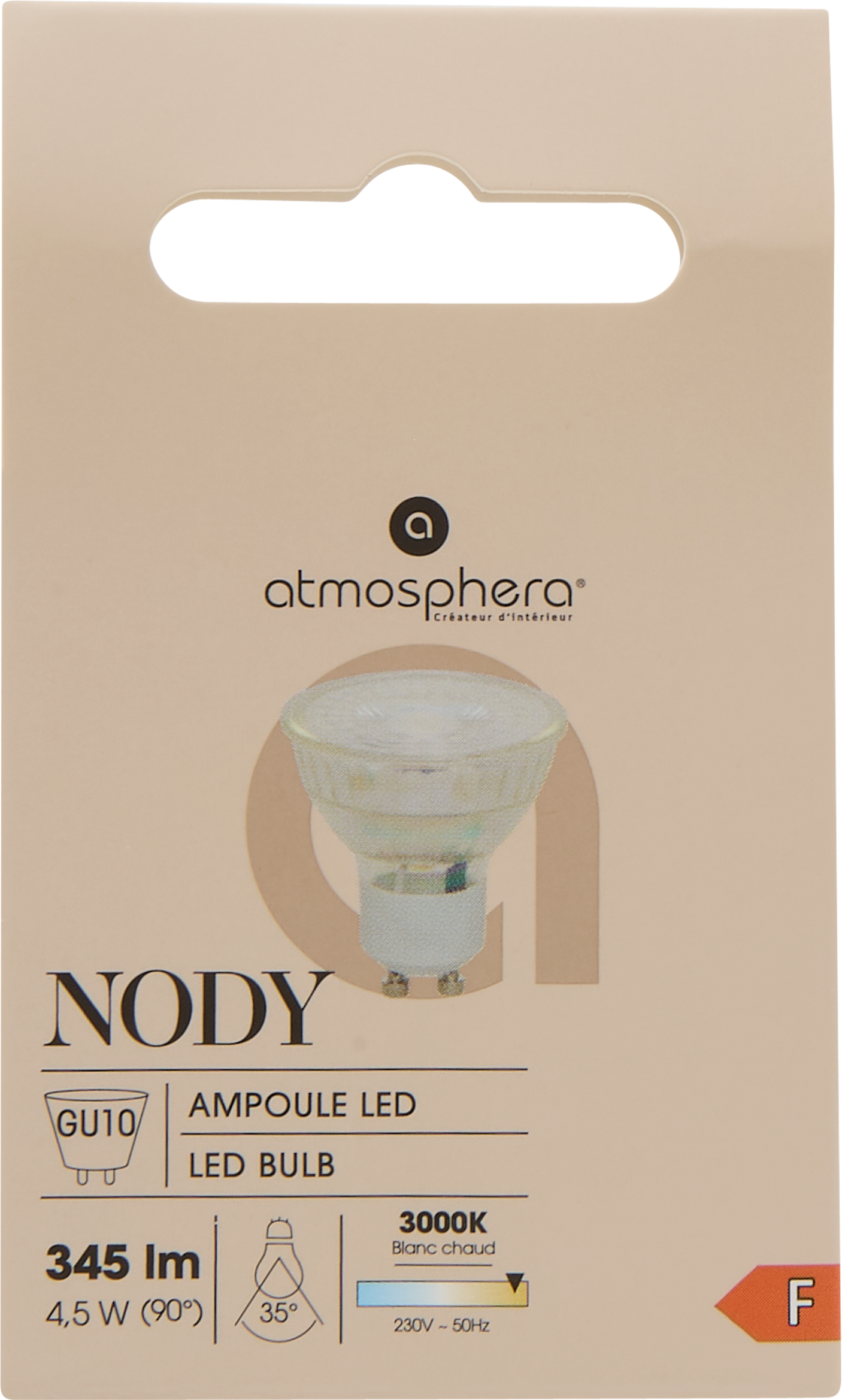 GU10 LED pære 4,5 W i original emballasje med informasjon om 345 lumen og varmhvitt lys