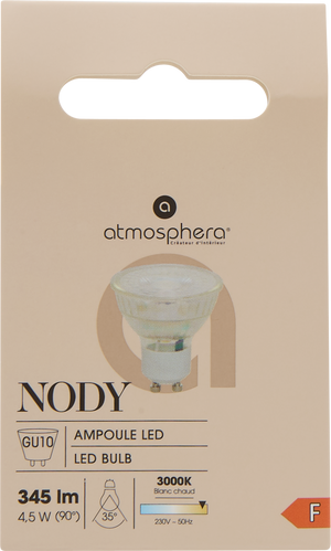 GU10 LED pære 4,5 W i original emballasje med informasjon om 345 lumen og varmhvitt lys