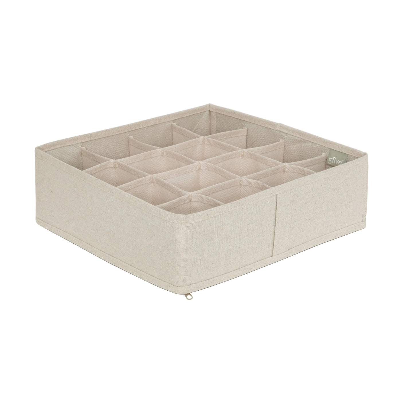 Beige skuffeorganiser med 16 rom, vist i perspektiv på hvit bakgrunn.
