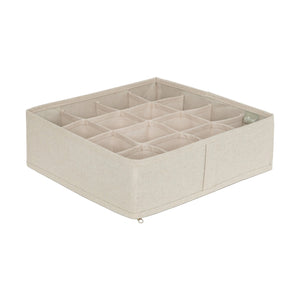Beige skuffeorganiser med 16 rom, vist i perspektiv på hvit bakgrunn.