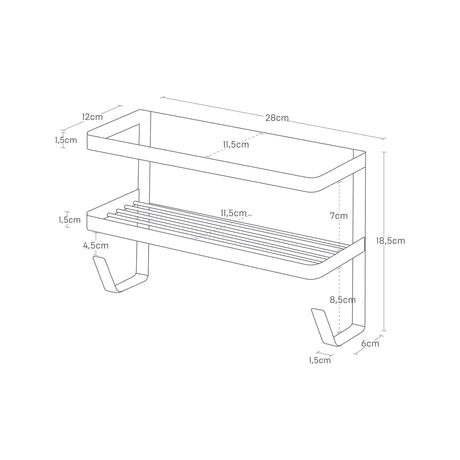 Hvit vaskeromshylle for vaskemiddel og småting på metallflate