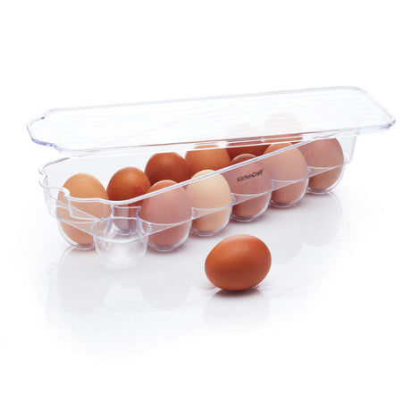 Klar plastboks til egg som kan stables i kjøleskap eller matskap