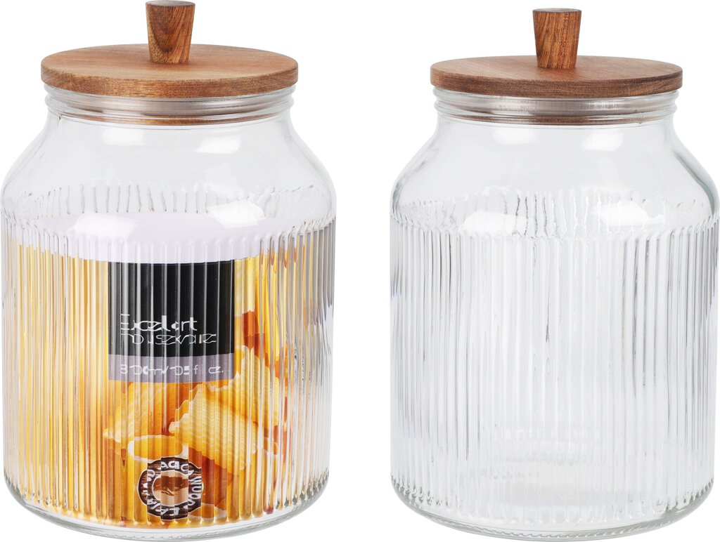 Oppbevaringskrukke i gjennomsiktig glass med struktur og lufttett lokk i tre.