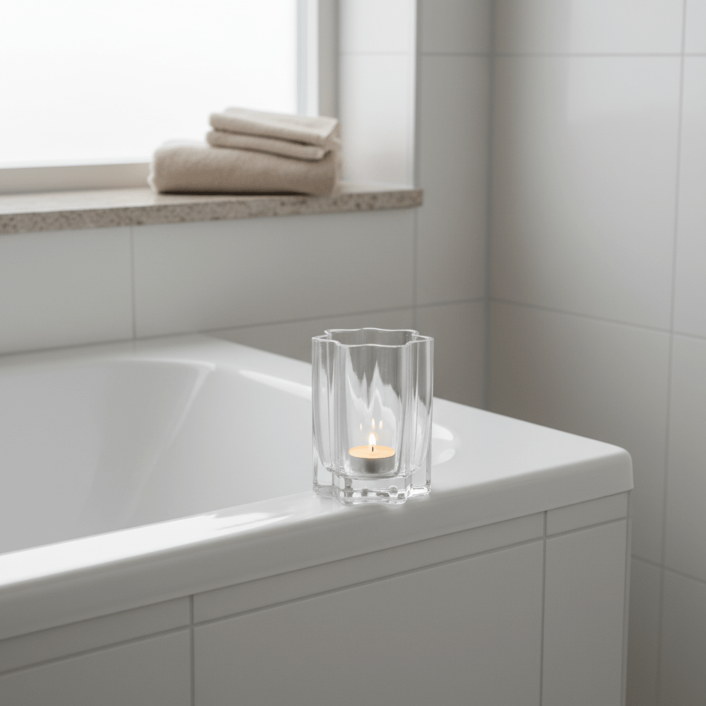Klar lyslykt i rillet glass brukt som dekor på bad med lyst og stilrent uttrykk.