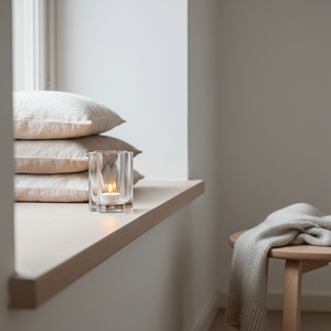 Klar lyslykt i rillet glass på hylle med tekstiler og dekor i lyst nordisk interiør.