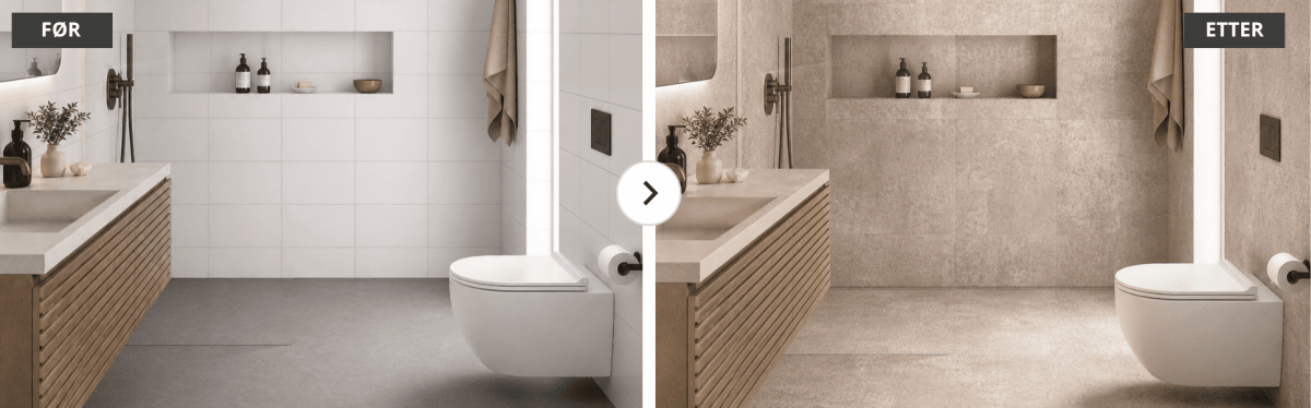 Før og etter bad med selvklebende fliser i beige steinlook som forvandler hvite veggfliser til moderne spa uttrykk