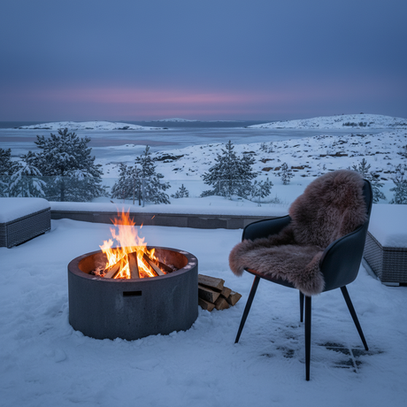 Grått saueskinn på stol ved bålpanne i snødekt kystlandskap om vinteren
