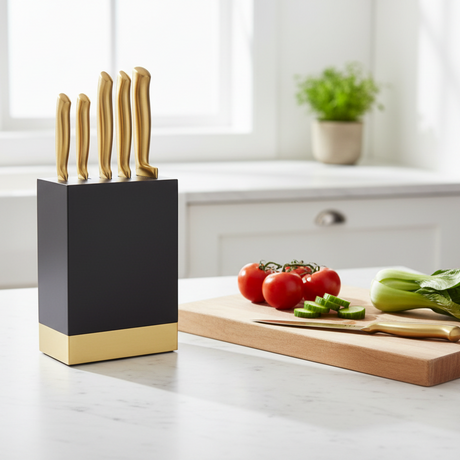 Sort knivblokk med gullfargede knivhåndtak vist på hvit bakgrunn