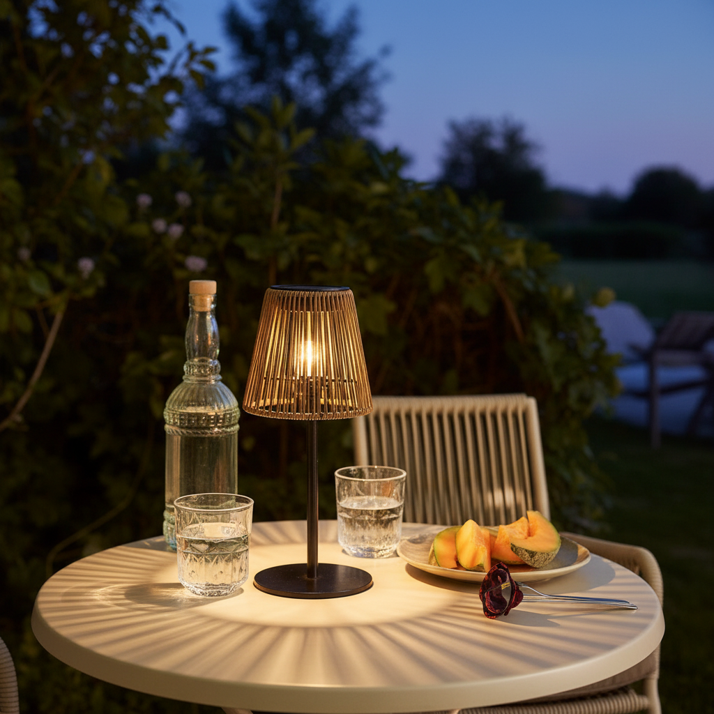 Salford bordlampe med solcelle i brun polyrattan og sort fod