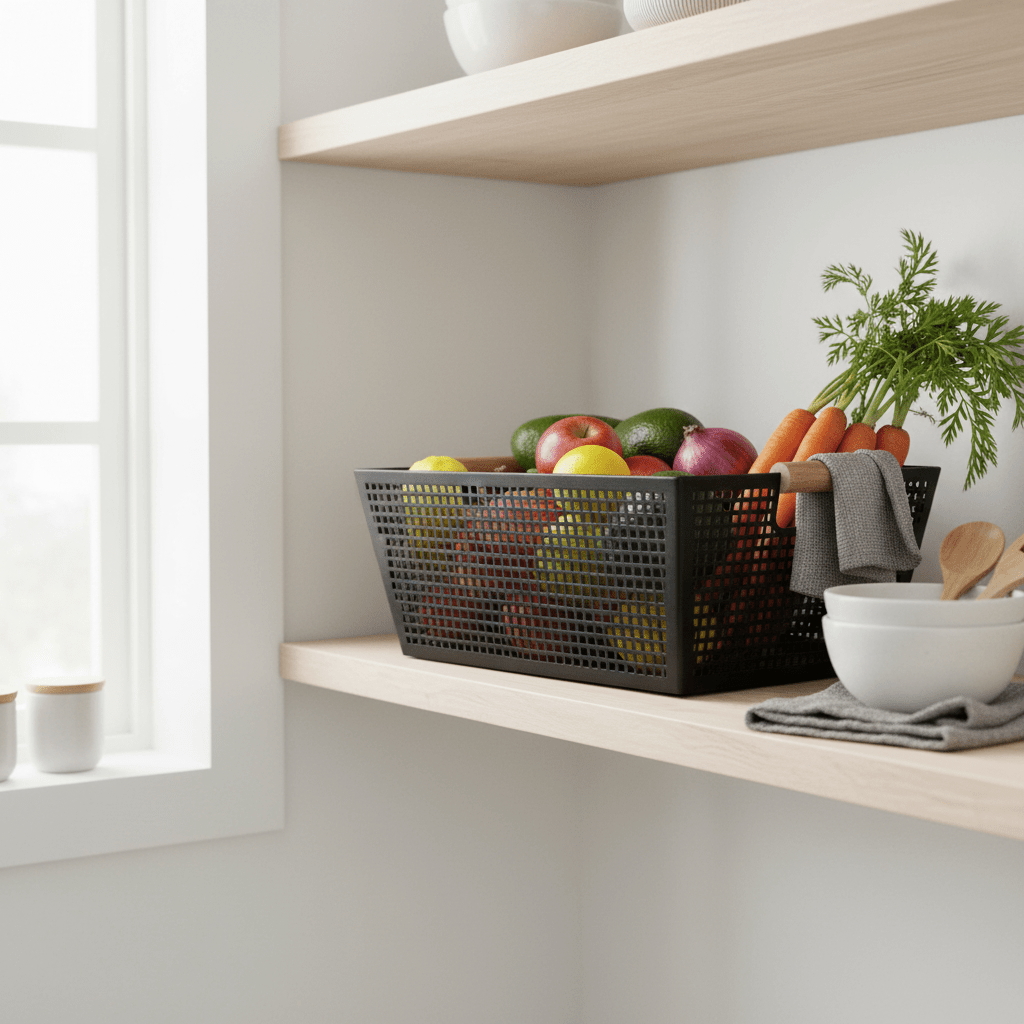 Oppbevaringskurv med håndtak i sort metall og tre 38 x 26 x 14 cm - Lindas Dekor Oppbevaringskurv