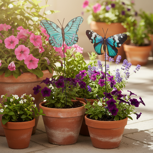 Hagedekor som stikkes ned i jord mellom blomster og planter