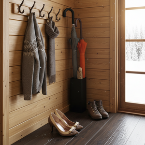 Smalt sort paraplystativ med moderne uttrykk og kapasitet til fire paraplyer