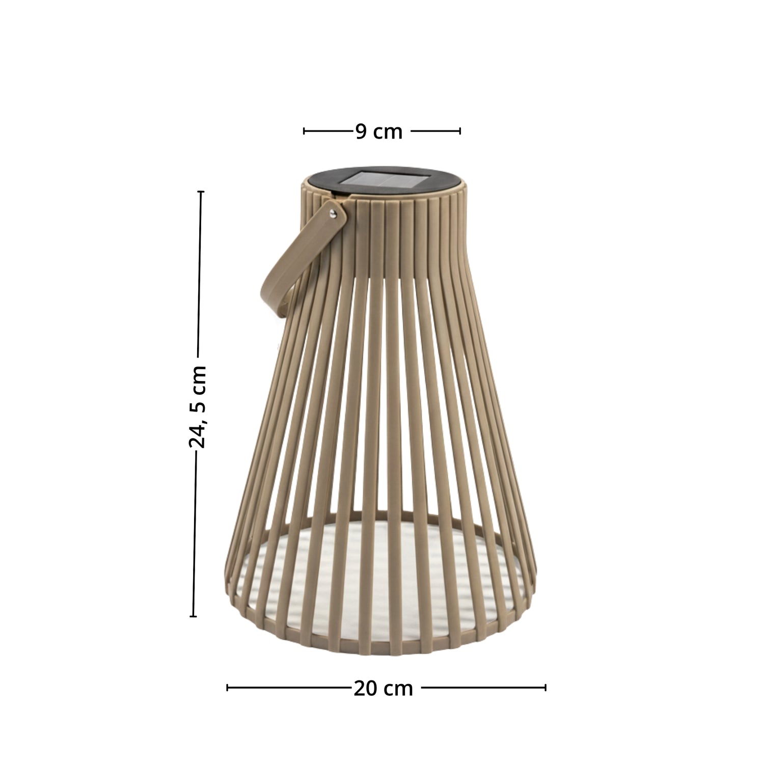 Brun solarlykt vist forfra med mål som illustrerer 20 cm bredde nederst, 9 cm bredde øverst og 24,5 cm høyde. - Lindas dekor 