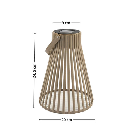 Brun solarlykt vist forfra med mål som illustrerer 20 cm bredde nederst, 9 cm bredde øverst og 24,5 cm høyde. - Lindas dekor 