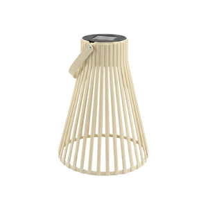 Beige solarlykt med spileformet design, håndtak og solcellepanel på toppen, vist mot hvit bakgrunn. - Lindas dekor