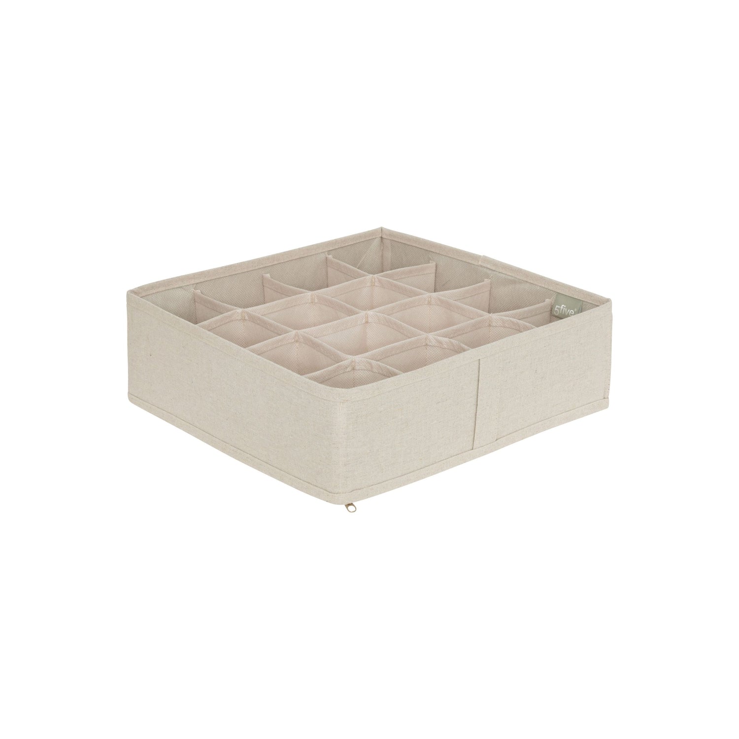 Beige skuffeorganiser sett ovenfra, med 16 separate rom.