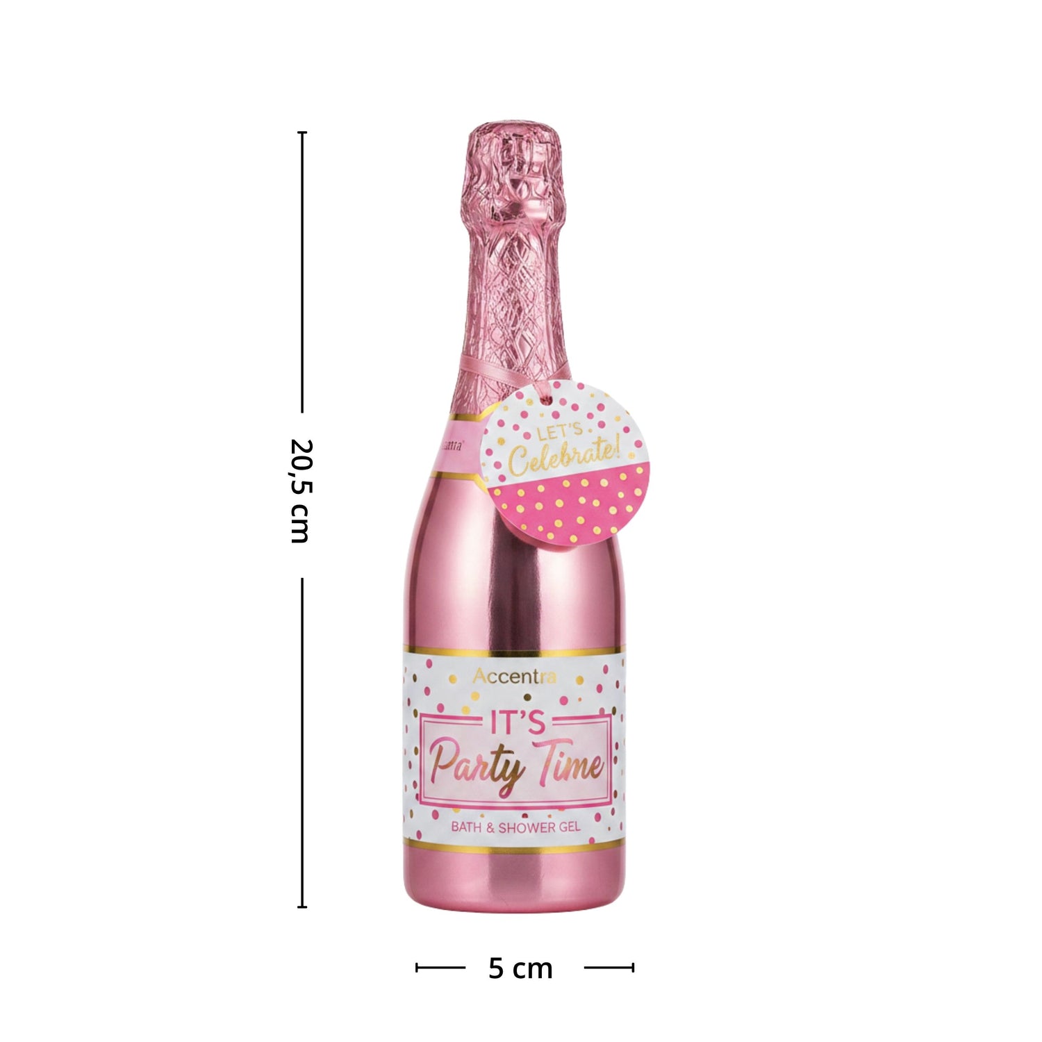 Rosa bade- og dusjsåpe i champagneflaske, 20,5 cm høy og 5 cm bred.