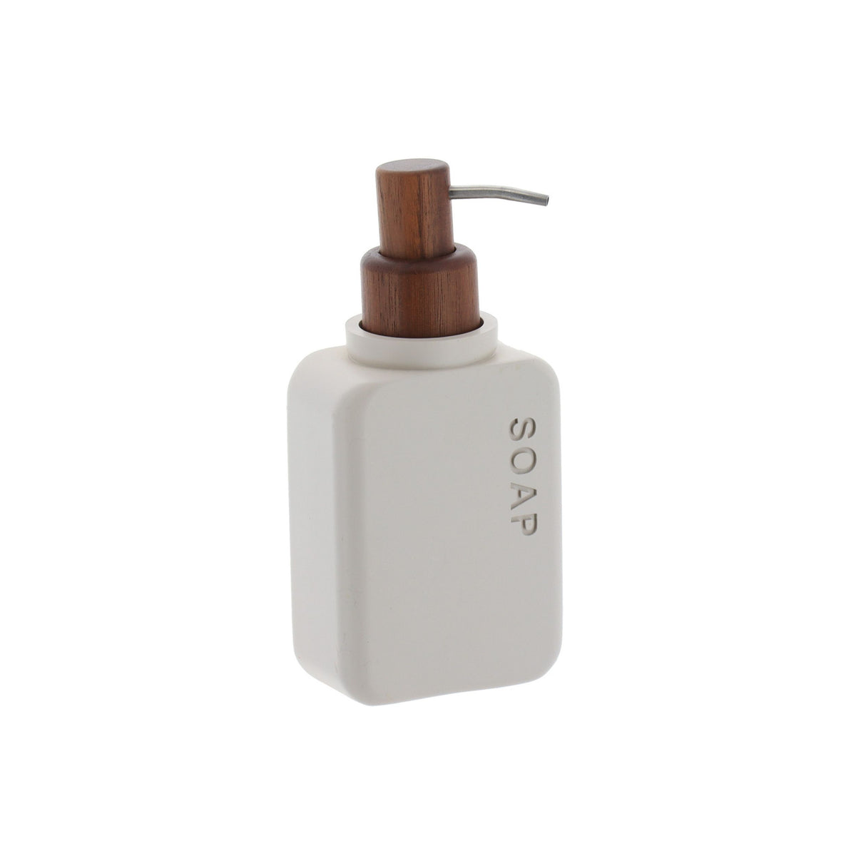 Tvålspendare i beige polyresin med pump av akasie