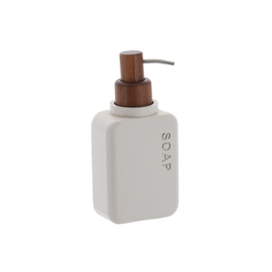 Tvålspendare i beige polyresin med pump av akasie