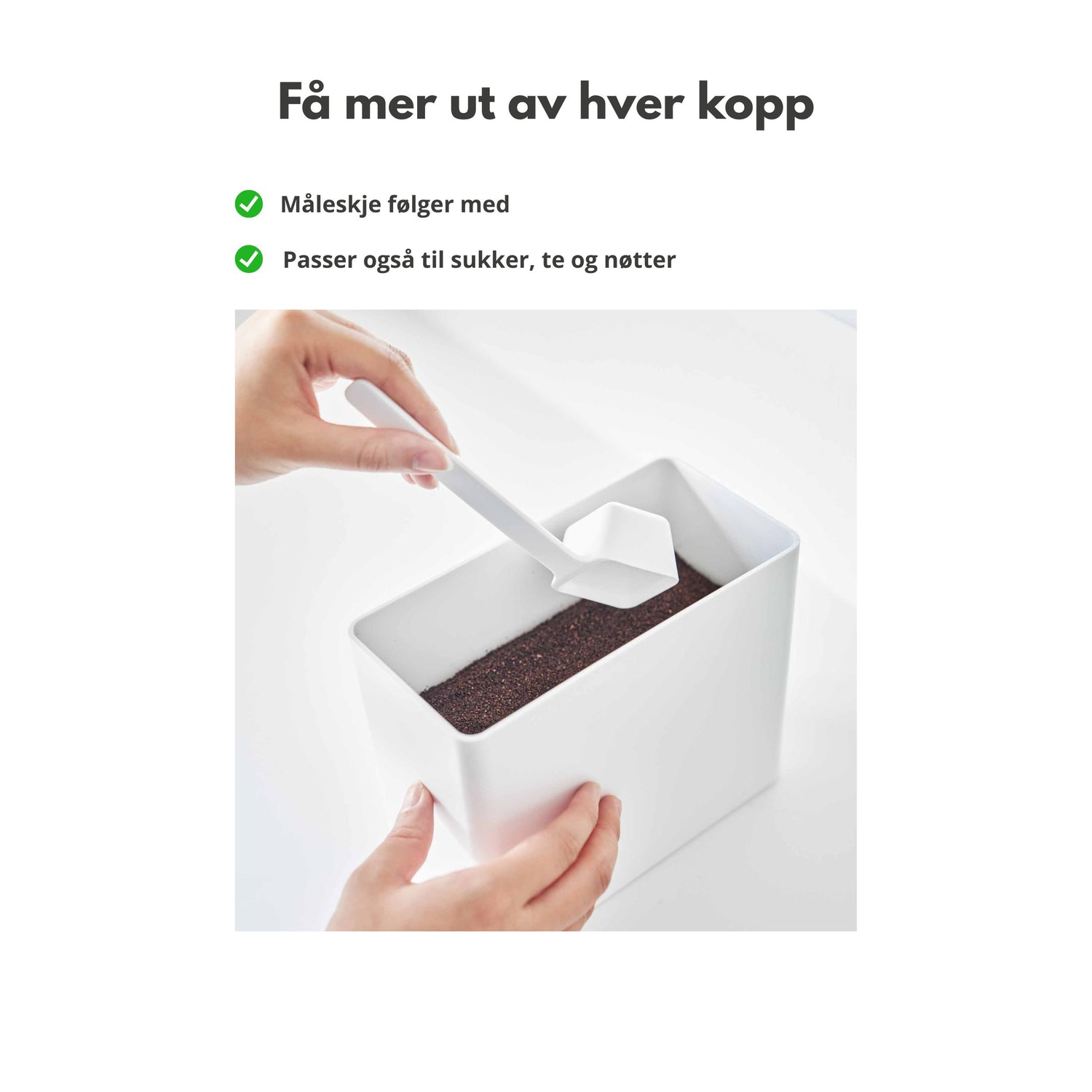 Kaffebeholder med måleskje og lufttett lokk for optimal oppbevaring av malt kaffe.