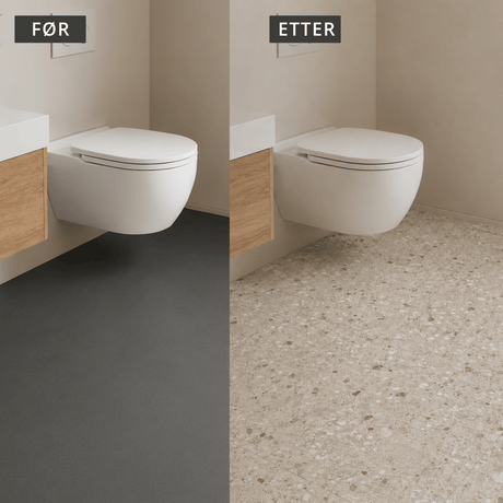 Før- og etterbilde av baderom med mørkt gulv som er fornyet med Sahara beige selvklebende terrazzo-fliser. - Lindas dekor 