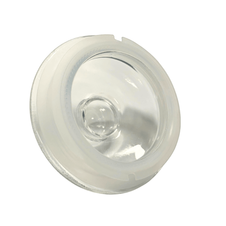 Gjennomsiktig glasslokk med hvit tetningsring, vist ovenfra på hvit bakgrunn.