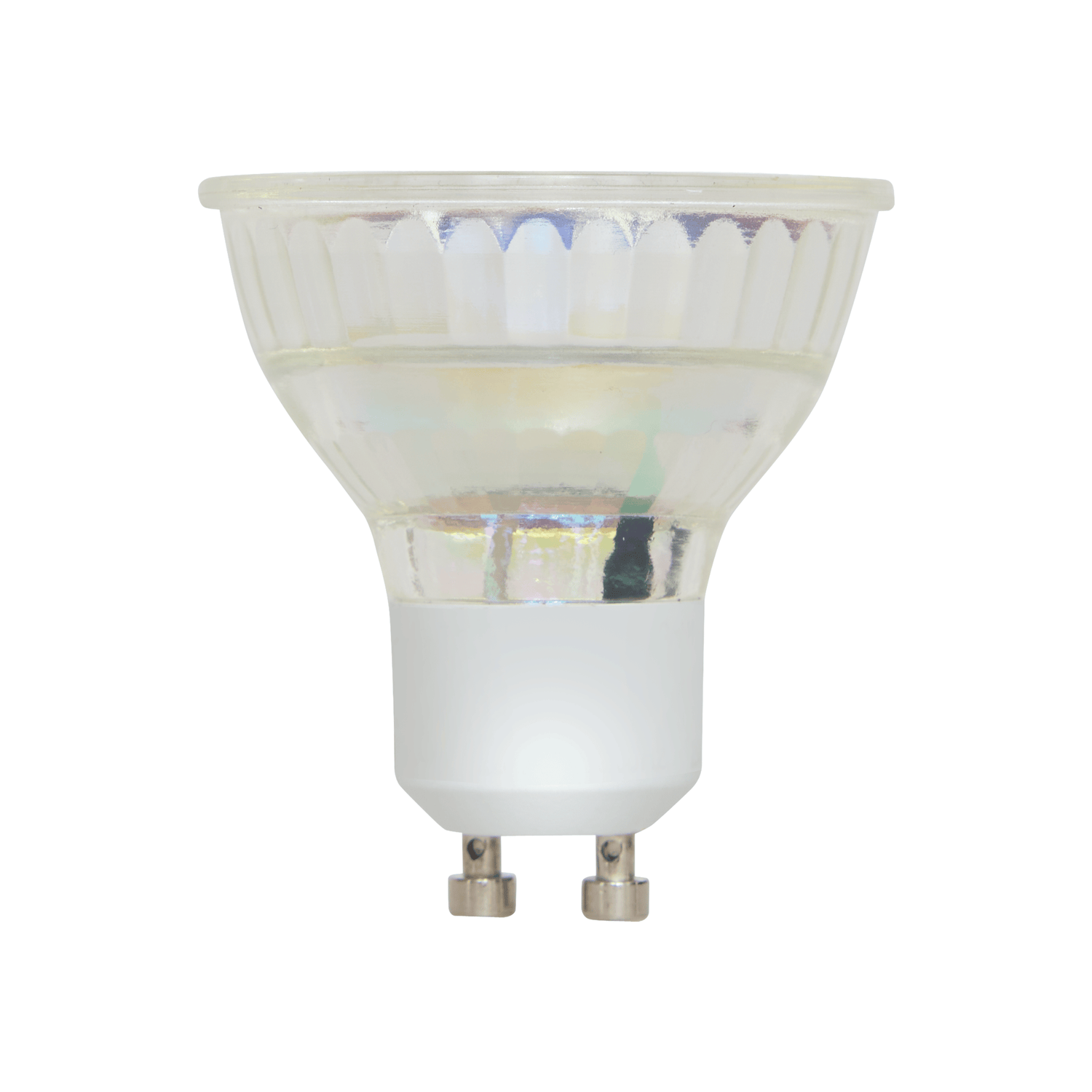 GU10 LED pære 4,5 W med varmhvitt lys, klart glass og GU10 sokkel, vist rett forfra