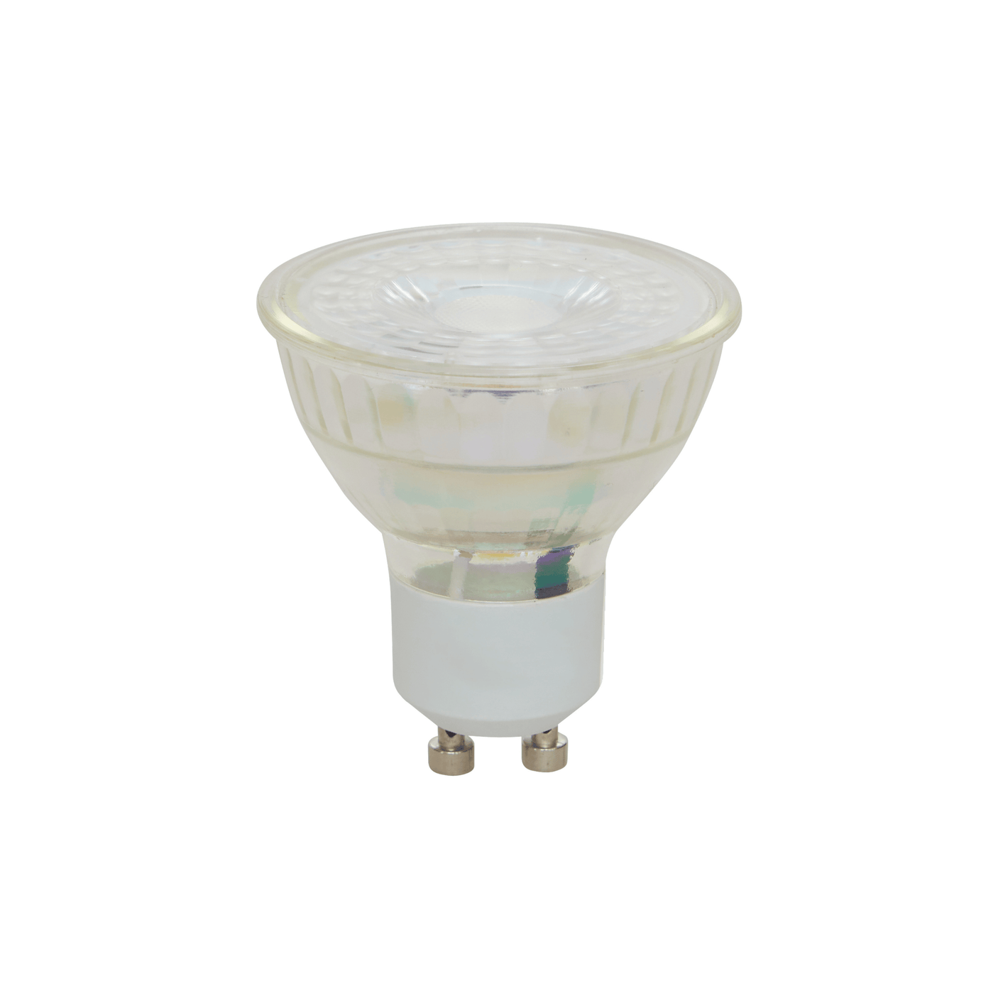 LED pære GU10 4,5 W med varmhvitt lys og klart glass, vist på hvit bakgrunn