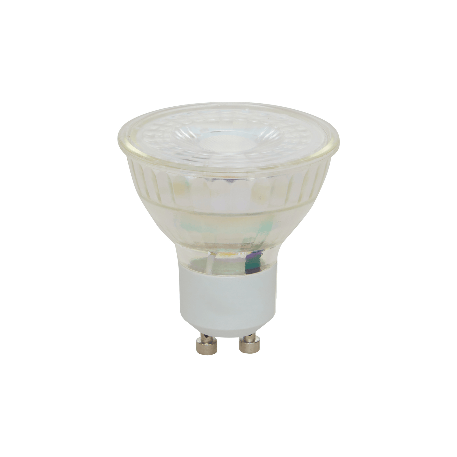 LED pære GU10 4,5 W med varmhvitt lys og klart glass, vist på hvit bakgrunn