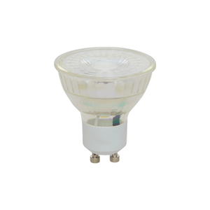 LED pære GU10 4,5 W med varmhvitt lys og klart glass, vist på hvit bakgrunn