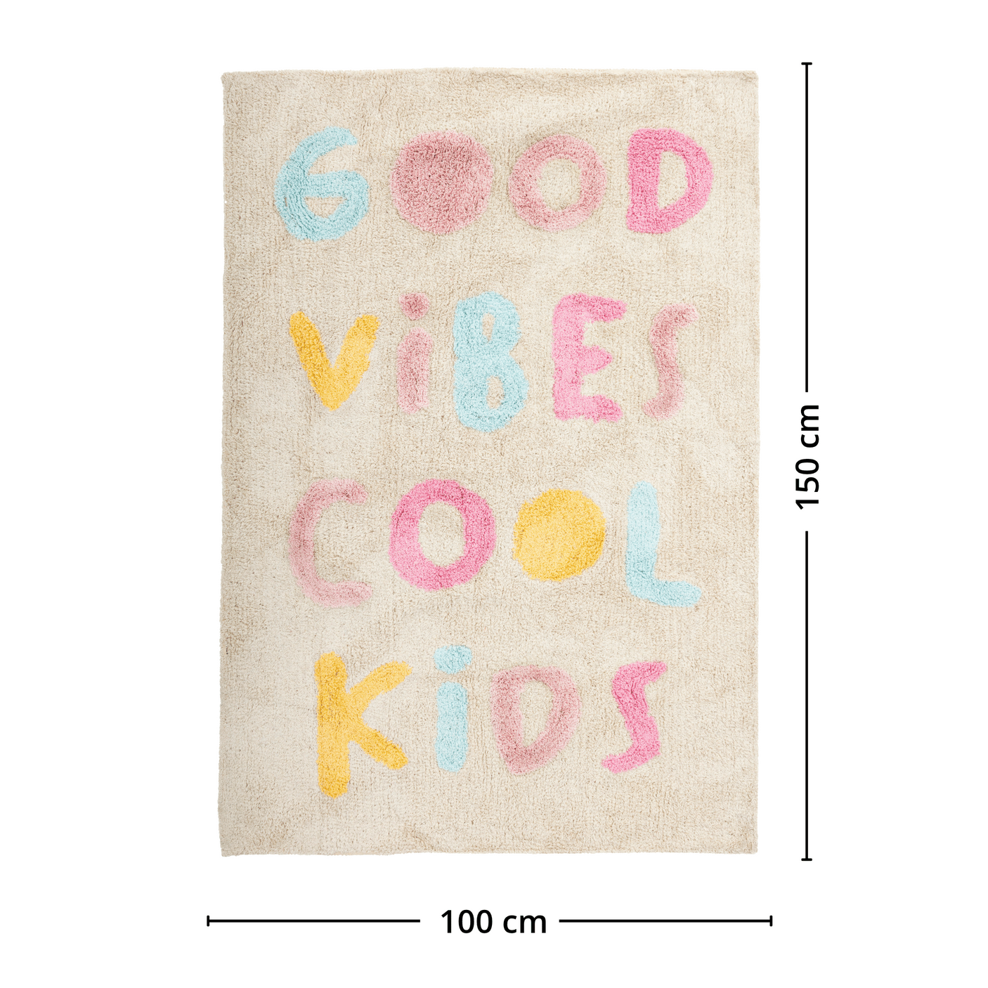 Barneteppe 100 x 150 cm med Good Vibes Cool Kids motiv og illustrasjon av teppets mål